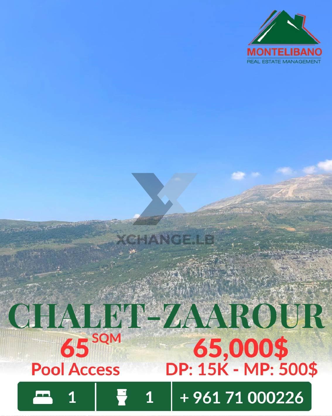 65 sqm Chalet For Sale in Zaarour زعرور with Pool Access and Open View + Installment Plan